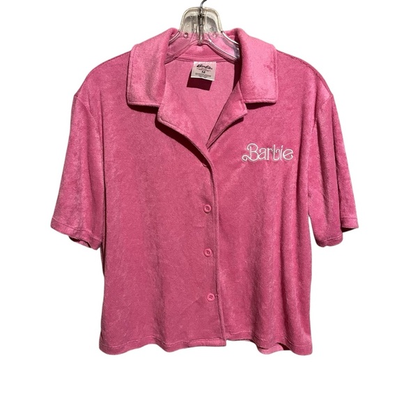 Barbie Terry Cloth Button Down Shirt Short Sleeve Lounge Pink Womens Medium - Picture 1 of 6